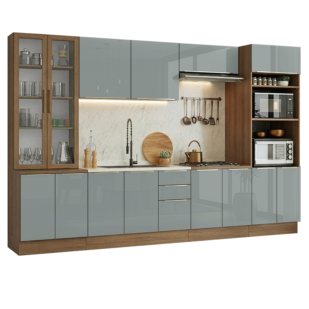 Armário de Cozinha Completa 340 x 60 cm Rustic/Cinza Lux Madesa 04