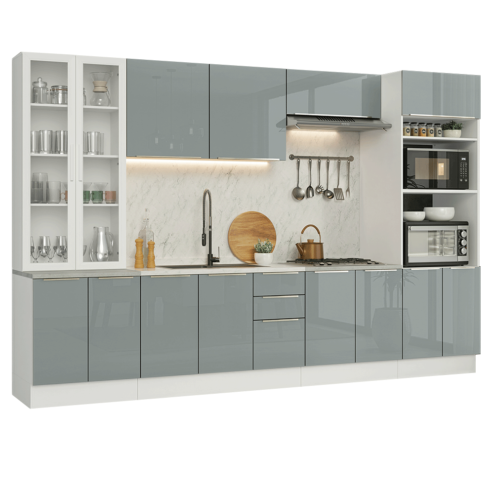 Armário de Cozinha Completa 340 x 60 cm Branco/Cinza Lux Madesa 04