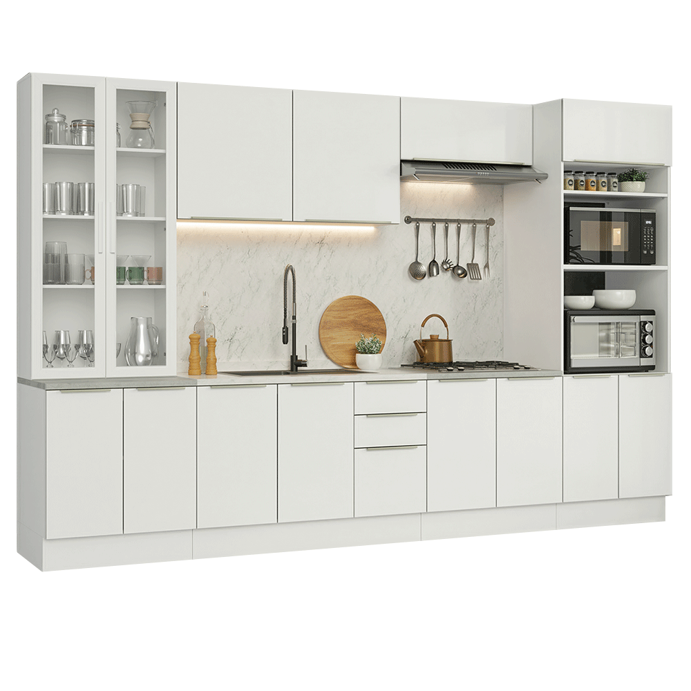 Armário de Cozinha Completa 340 x 60 cm Branco/Branco Veludo Lux Madesa 04