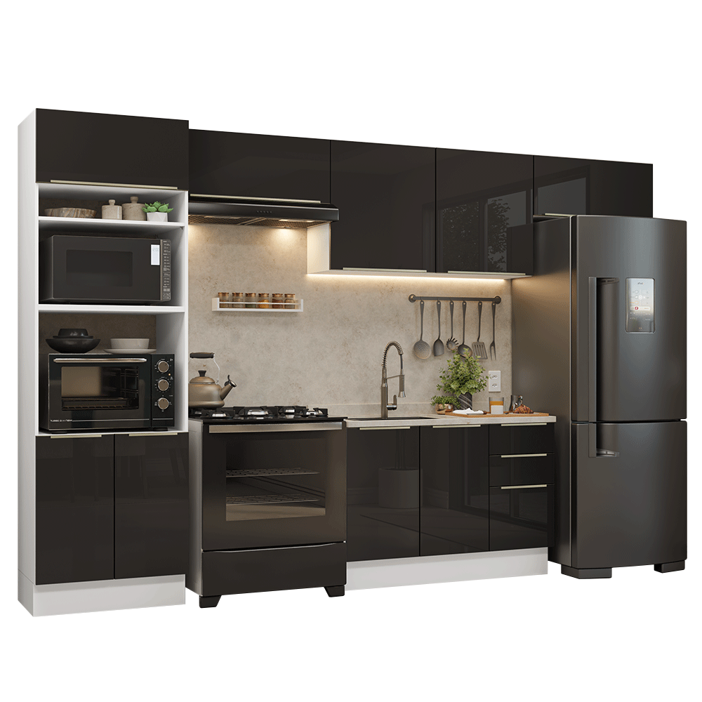 Armário de Cozinha Completa 350 cm Branco/Preto Lux Madesa 01