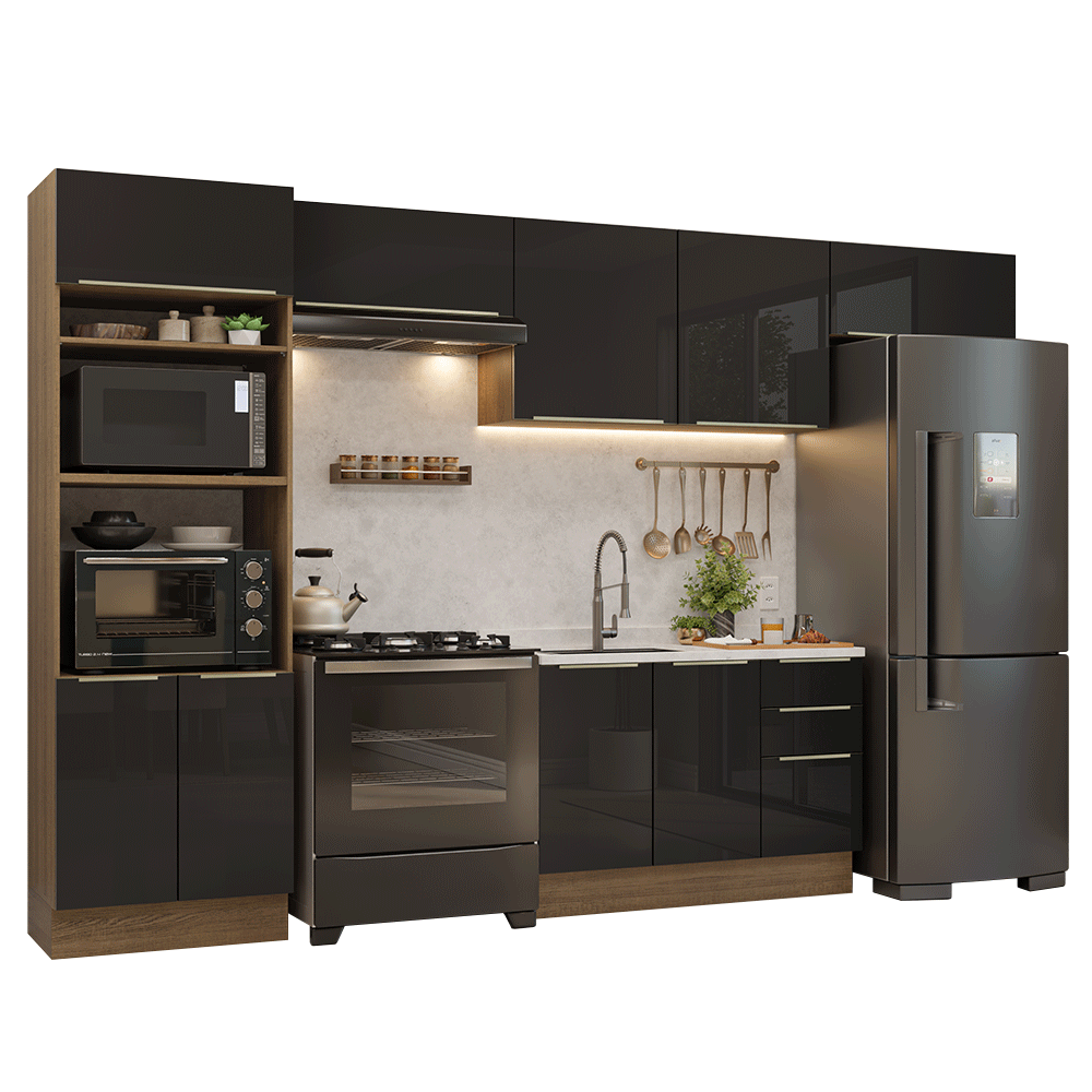 Armário de Cozinha Completa 350 cm Rustic/Preto Lux Madesa 01