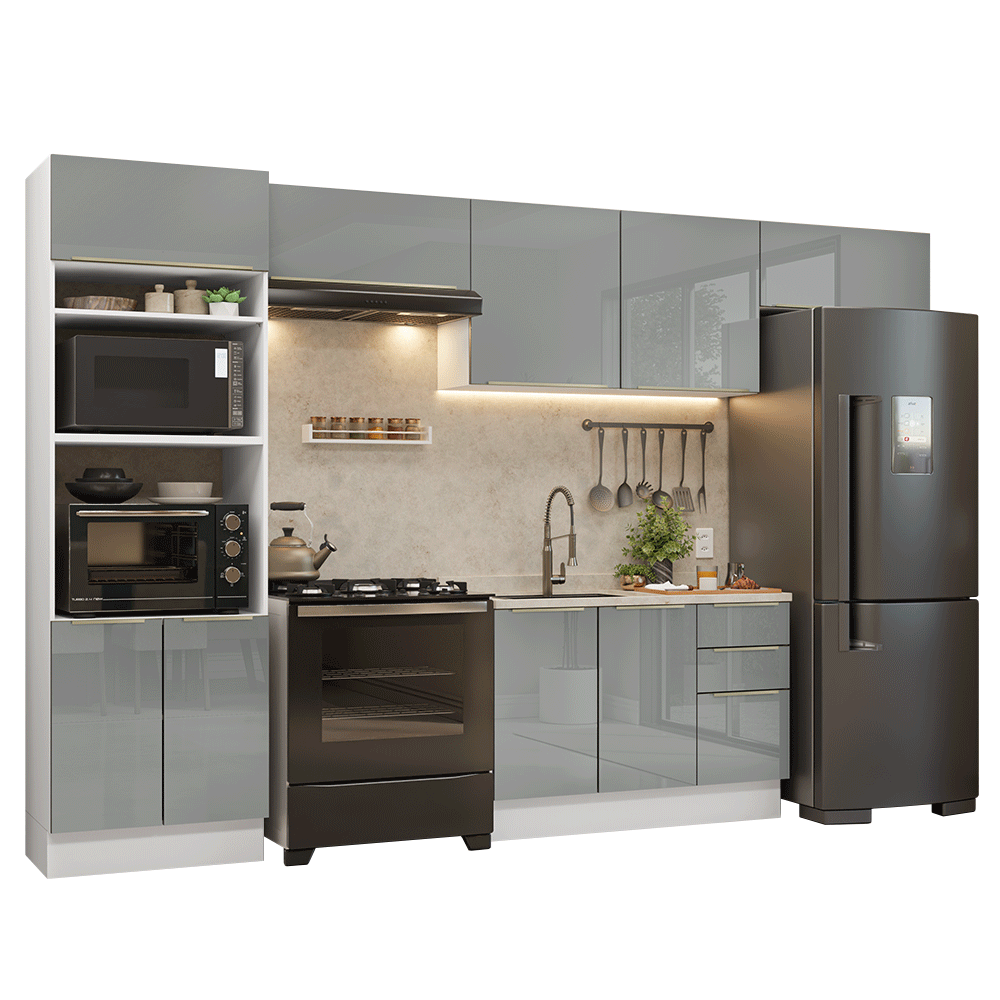 Armário de Cozinha Completa 350 cm Branco/Cinza Lux Madesa 01