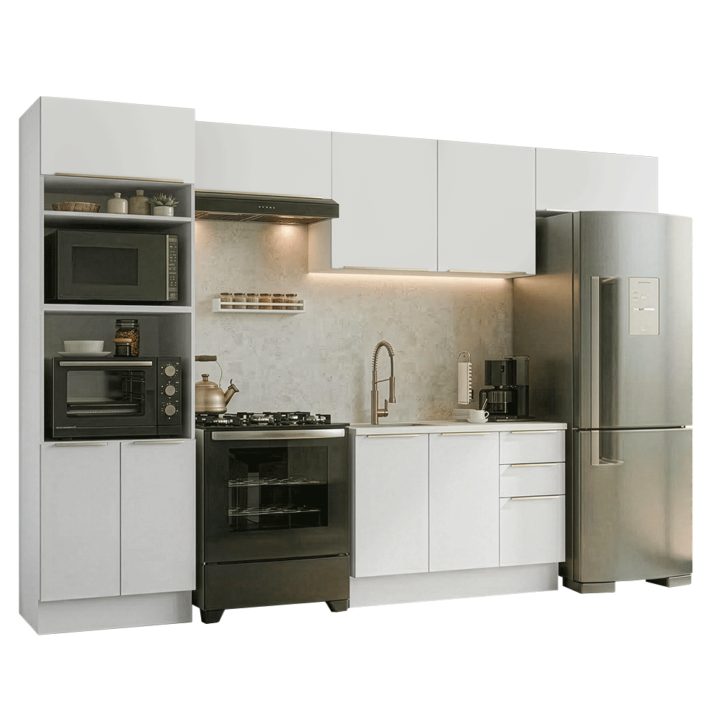 Armário de Cozinha Completa 350 x 60 cm Branco/Branco Veludo Lux Madesa 02