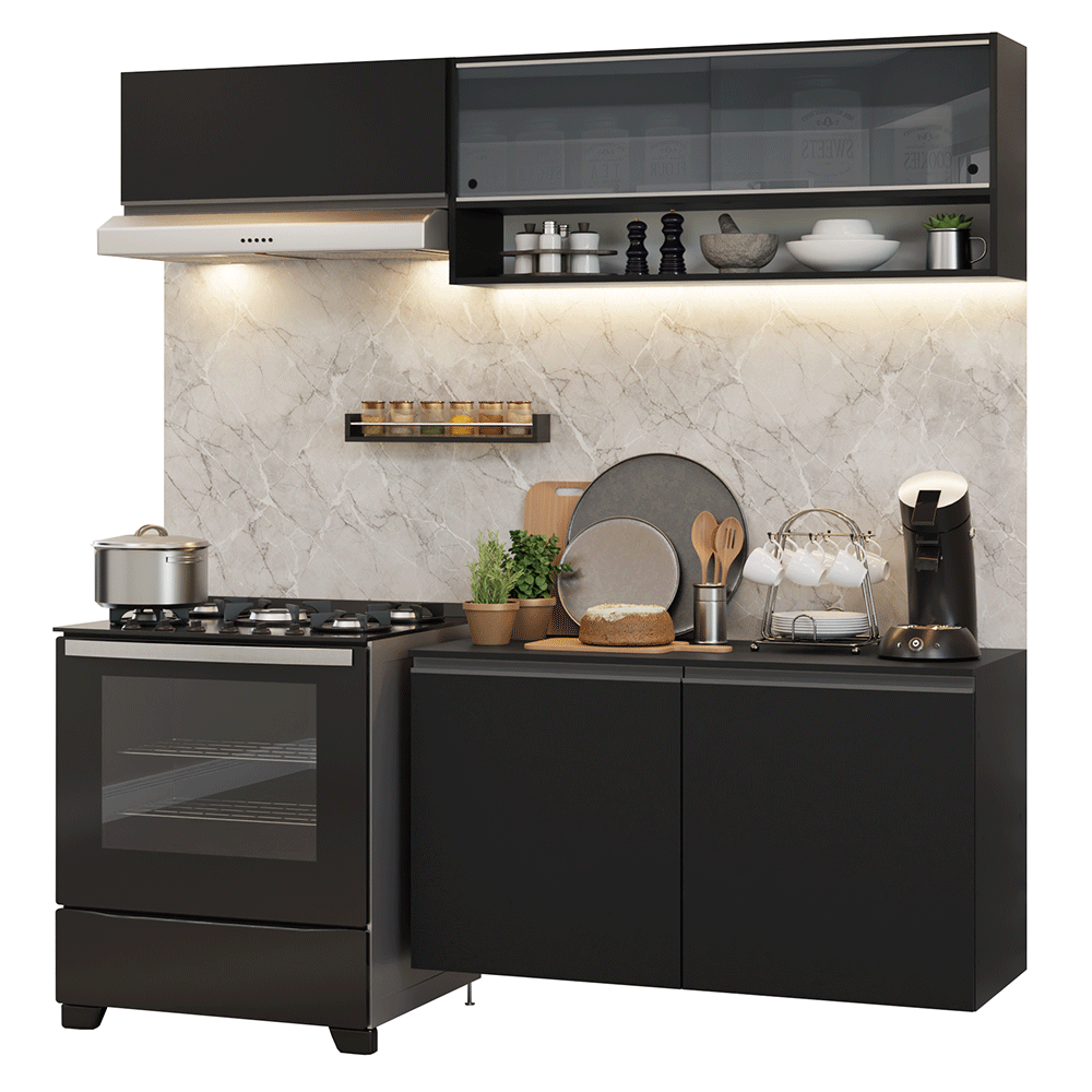 Armário de Cozinha Compacta 200 cm Suspenso Preto Nice Madesa 08