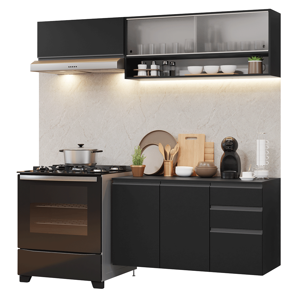 Armário de Cozinha Compacta 200 cm Suspenso Preto Nice Madesa 11
