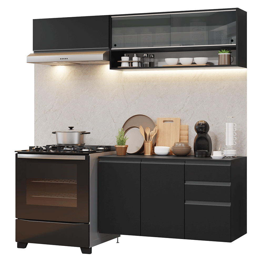 Armário de Cozinha Compacta 200 cm Suspenso Preto Nice Madesa 12