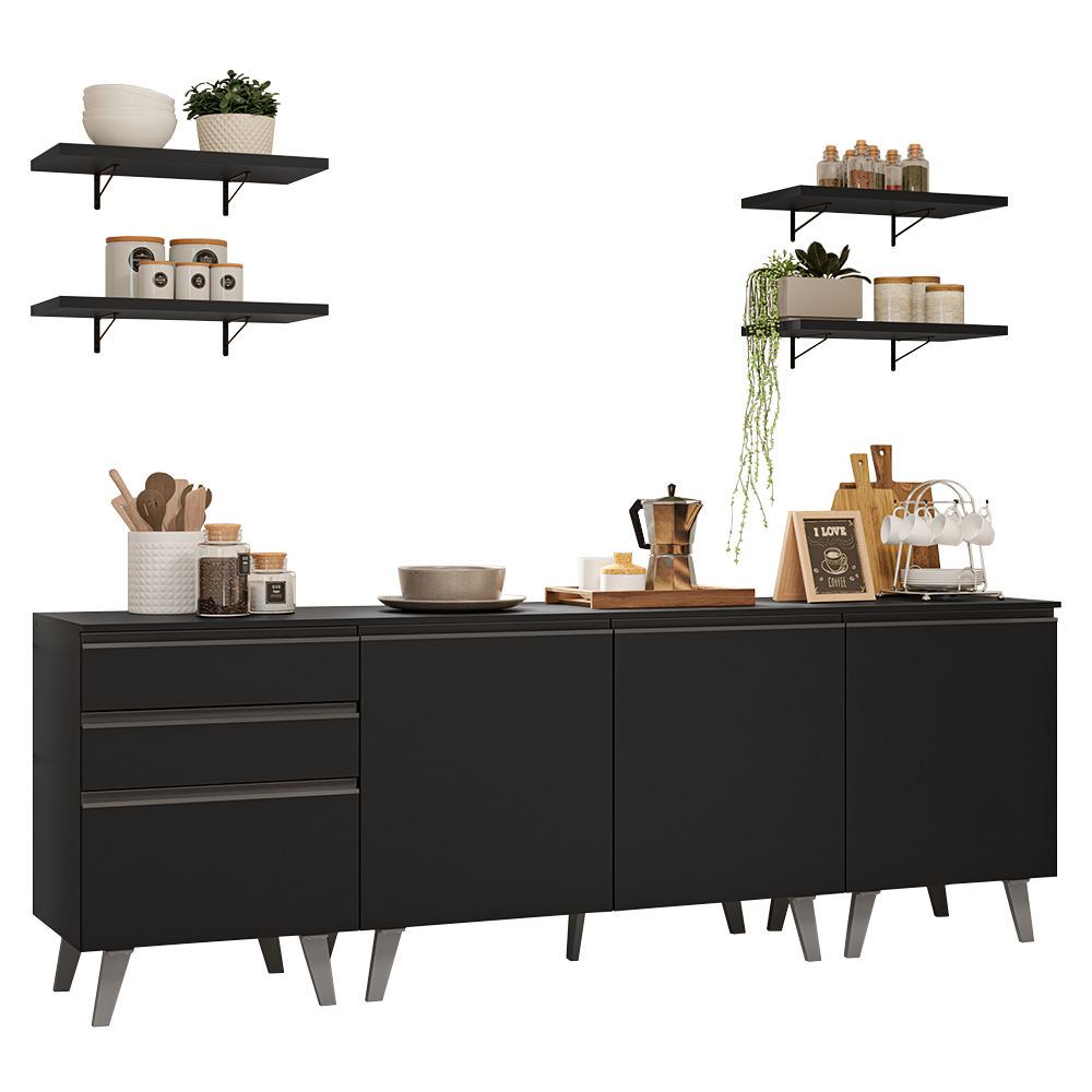 Armário de Cozinha Completa 240 cm Preto Nice Madesa 01