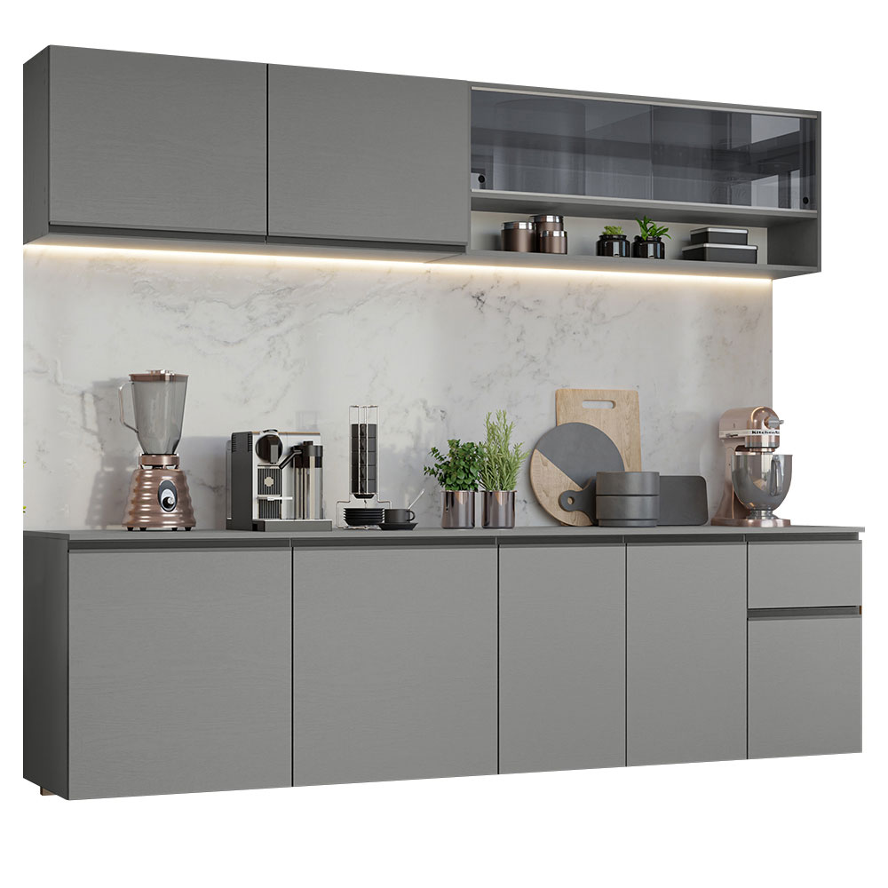 Armário de Cozinha Completa Suspenso 240cm Cinza Nice Madesa 05