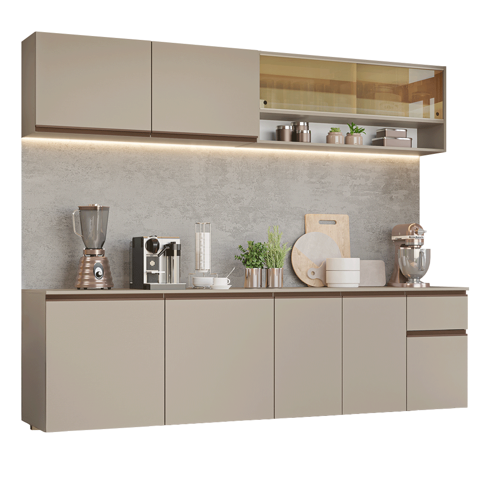Armário de Cozinha Completa 240 cm Suspenso Crema Nice Madesa 05
