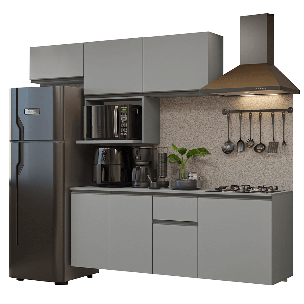 Armário de Cozinha Completa 240 cm Suspensa Cinza Nice Madesa 07
