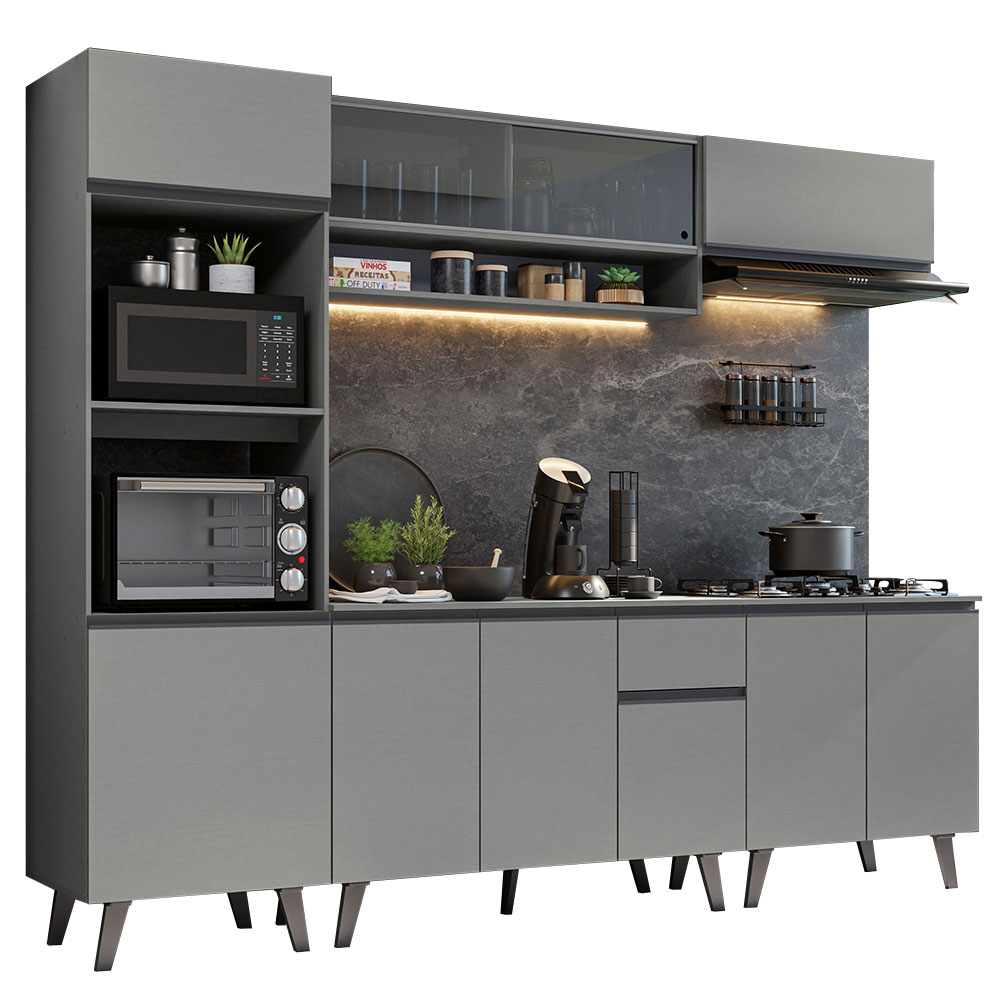 Armário de Cozinha Completa 260cm Cinza Nice Madesa 01