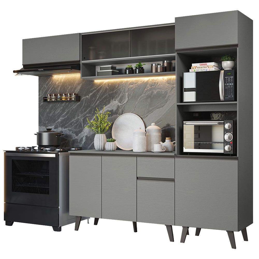 Armário de Cozinha Completa 260cm Cinza Nice Madesa 04