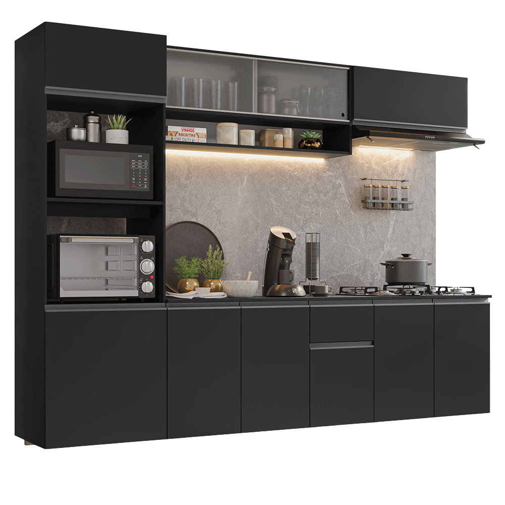Armário de Cozinha Completa 260 cm Suspenso Preto Nice Madesa 015