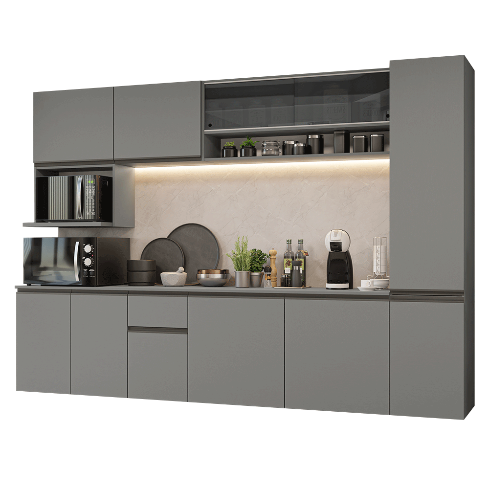 Armário de Cozinha Completa 280 cm Suspensa Cinza Nice Madesa 05