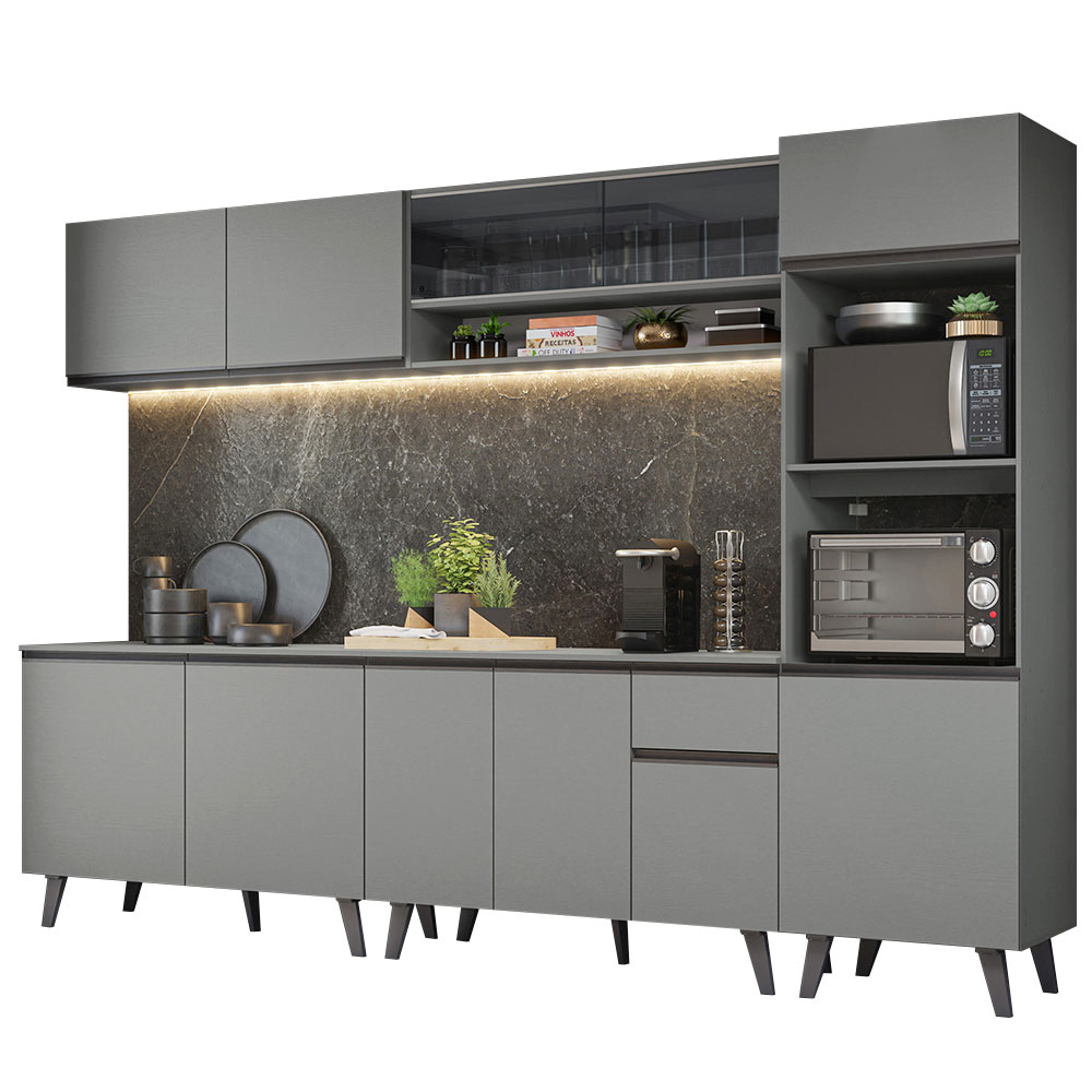 Armário de Cozinha Completa 300cm Cinza Nice Madesa 01