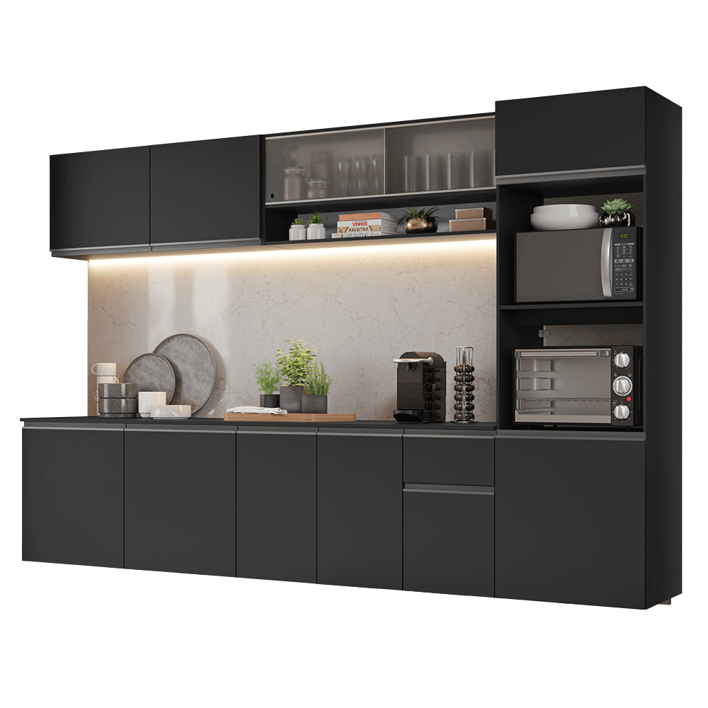 Armário de Cozinha Completa 300 cm Suspenso Preto Nice Madesa 04