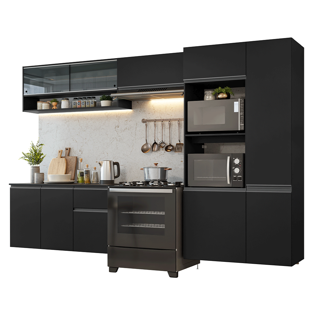 Armário de Cozinha Completa 300 cm Suspenso Preto Nice Madesa 07