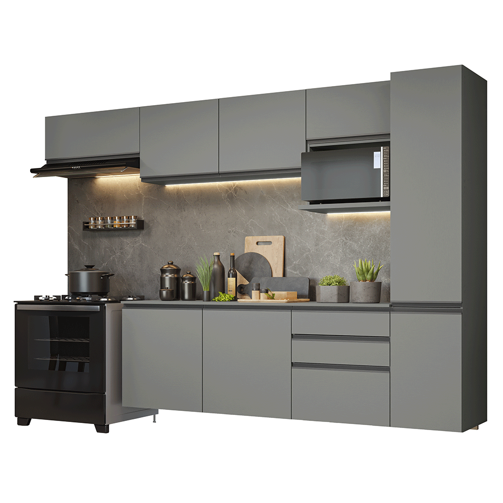 Armário de Cozinha Completa 300cm Suspensa Cinza Nice Madesa 10