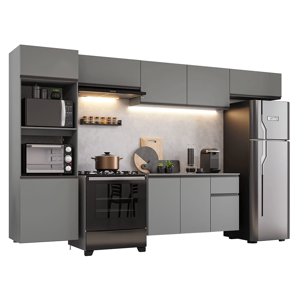 Armário de Cozinha Completa 340cm Suspensa Cinza Nice Madesa 02