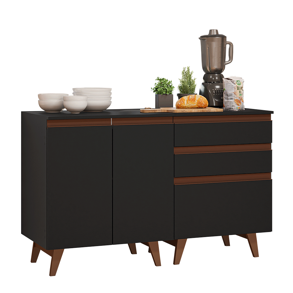 Kit com Dois Balcões de Cozinha 2 Portas 3 Gavetas (com tampo) Preto Reims Madesa