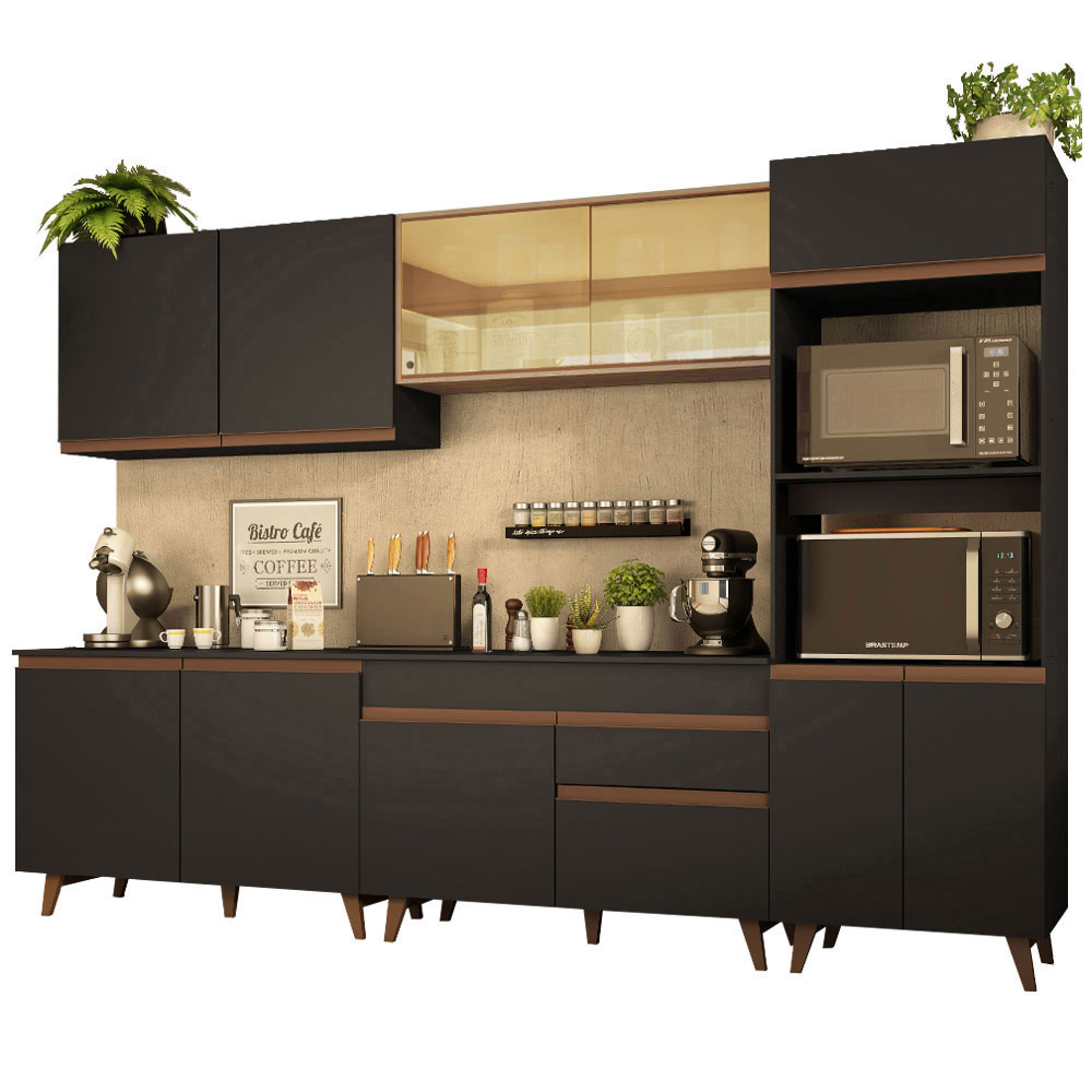 Armário de Cozinha Completa 310cm Preto/Rustic Reims Madesa 01