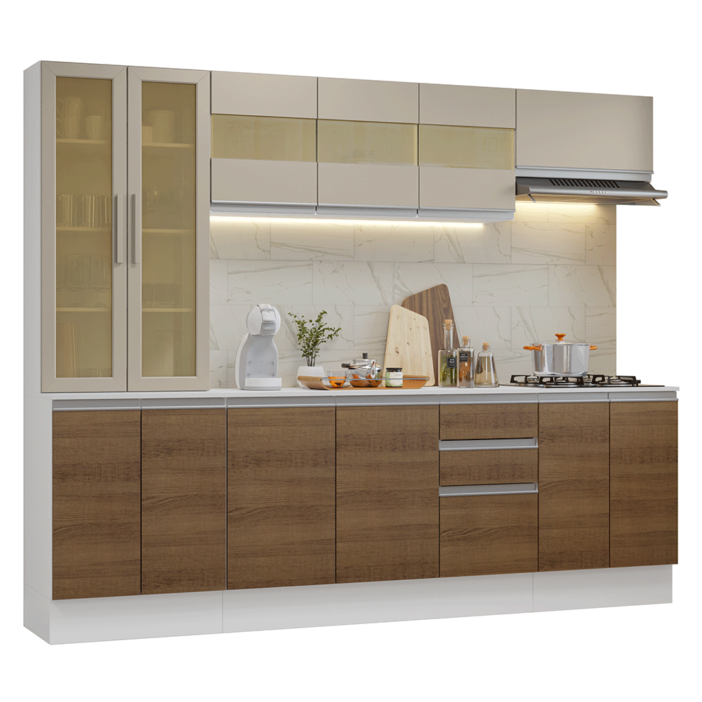 Armário de Cozinha Completa 100% MDF 240 cm Branco/Rustic/Crema Smart Madesa 01