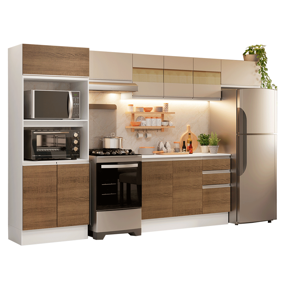 Armário de Cozinha Completa 100% MDF 310 cm Branco/Rustic/Crema Smart 01