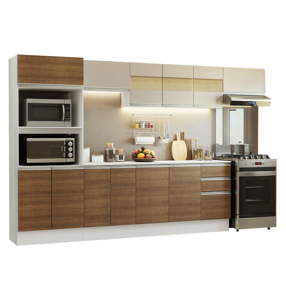 Armário de Cozinha Completa 100% MDF 310 cm Branco/Rustic/Crema Smart 02