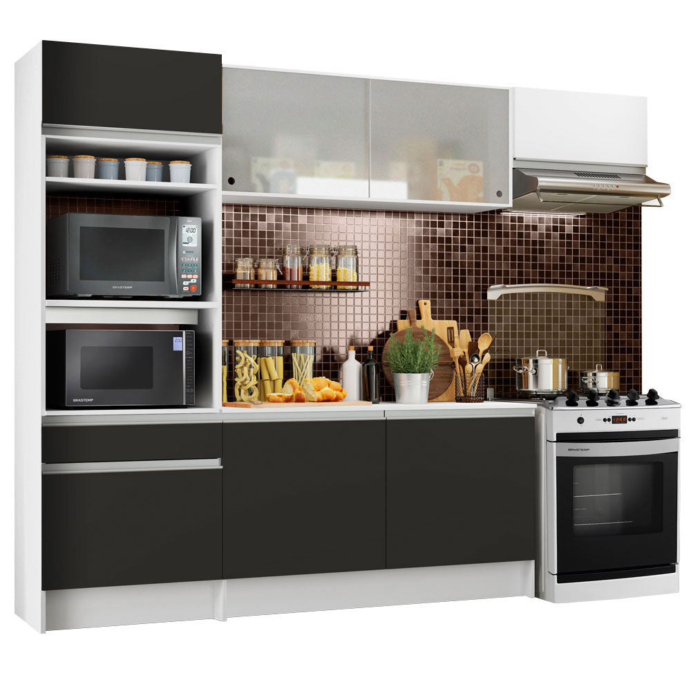 Armário de Cozinha Completa 240cm Branco/Preto/Branco Topazio Madesa 01