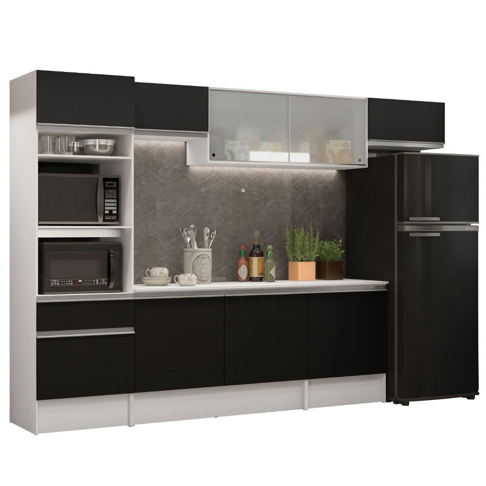 Armário de Cozinha Completa 300cm Branco/Preto Topazio Madesa 01
