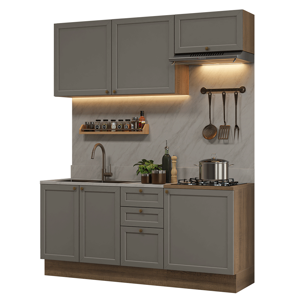 Armário de Cozinha Compacta 180 cm Rustic/Cinza Vik Madesa 01