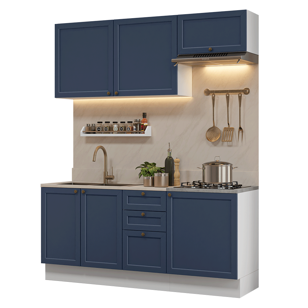 Armário de Cozinha Compacta 180 cm Branco/Azul Vik Madesa 01