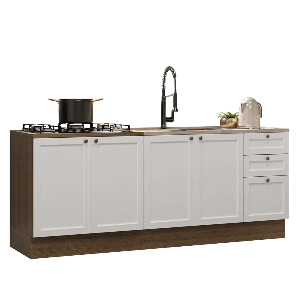 Kit com 2 Balcões de Cozinha 3 Gavetas 4 Portas (Sem Tampo e Pia) Rustic/Branco Vik Madesa 01