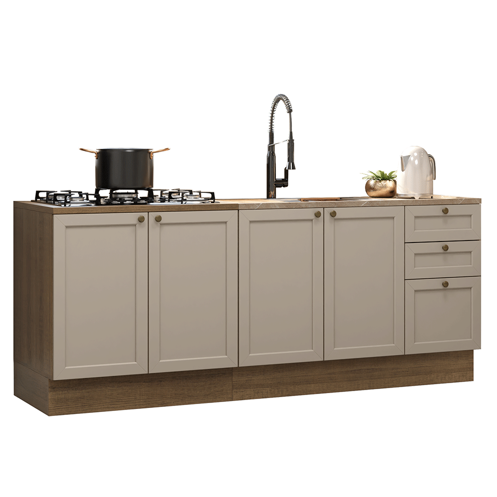 Kit com 2 Balcões de Cozinha 3 Gavetas 4 Portas (Sem Tampo e Pia) Rustic/Crema Vik Madesa 01