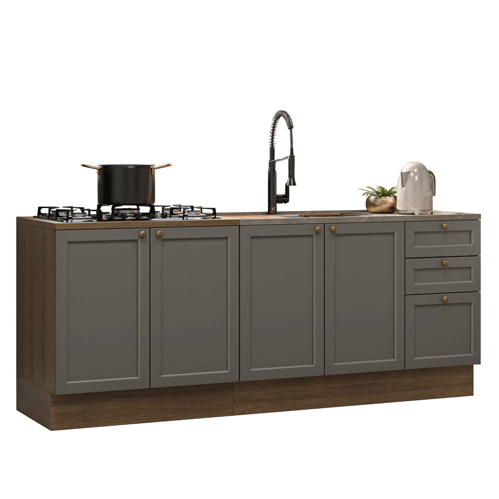 Kit com 2 Balcões de Cozinha 3 Gavetas 4 Portas (Sem Tampo e Pia) Rustic/Cinza Vik Madesa 01