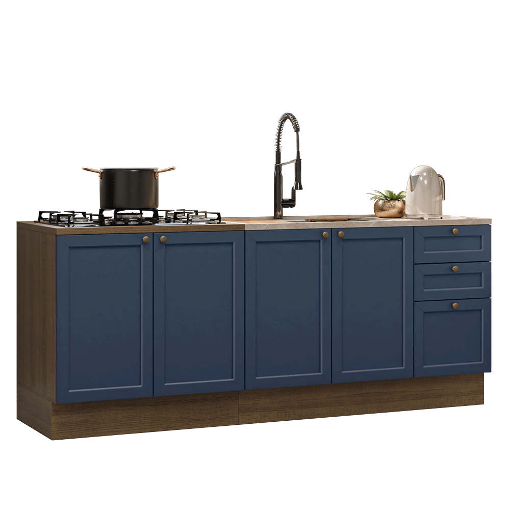 Kit com 2 Balcões de Cozinha 3 Gavetas 4 Portas (Sem Tampo e Pia) Rustic/Azul Vik Madesa 01