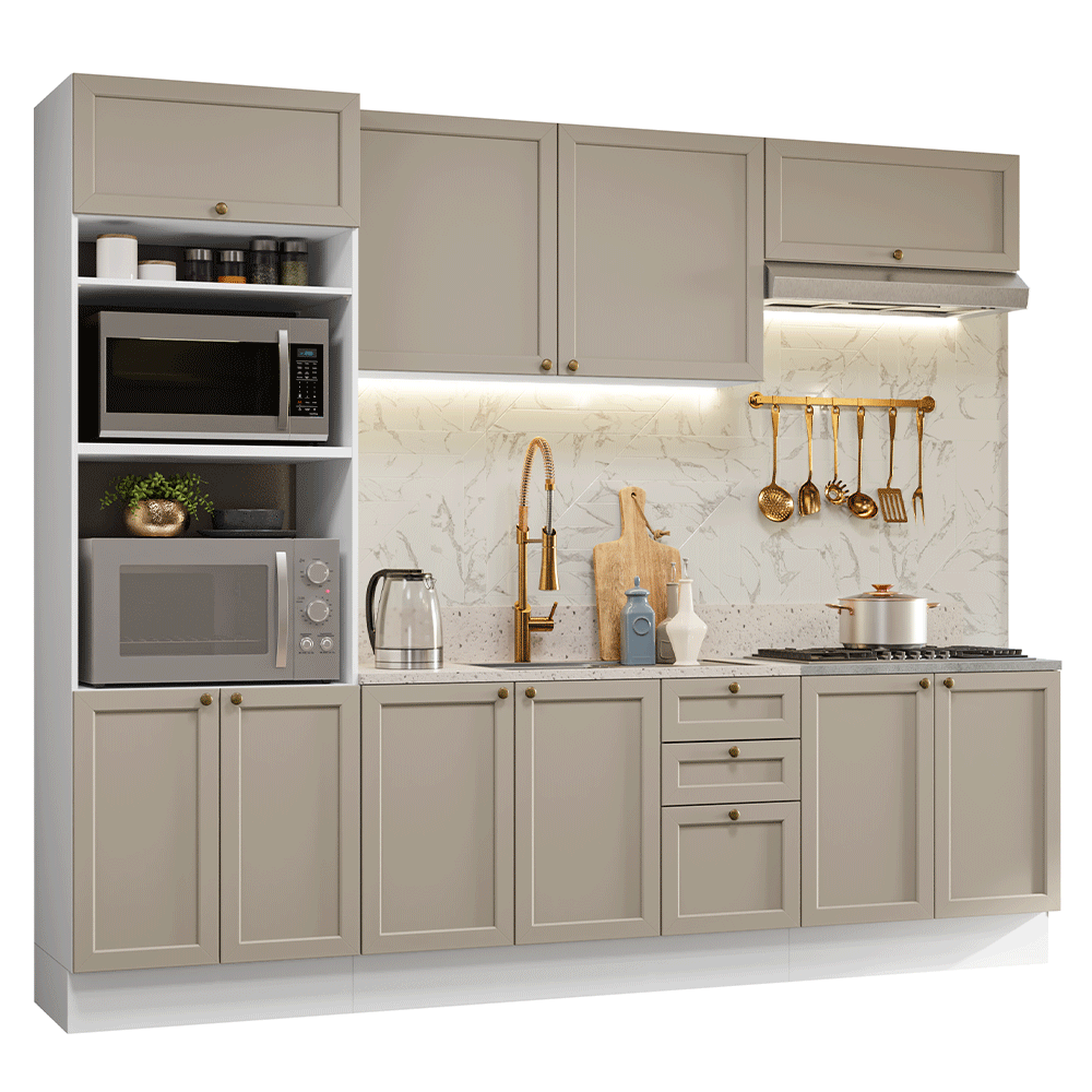 Armário de Cozinha Completa 270 cm Branco/Crema Vik Madesa 01