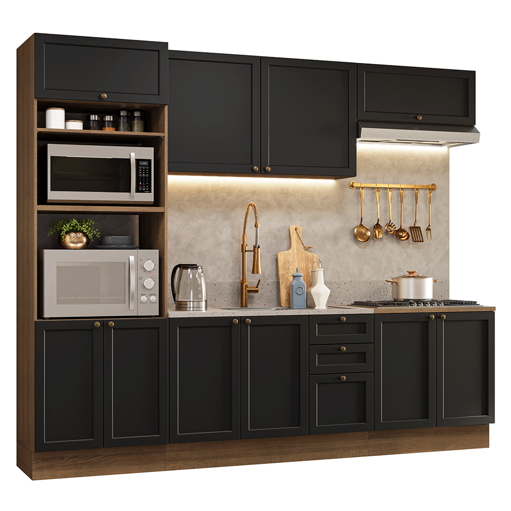 Armário de Cozinha Completa 270 cm Rustic/Preto Vik Madesa 01