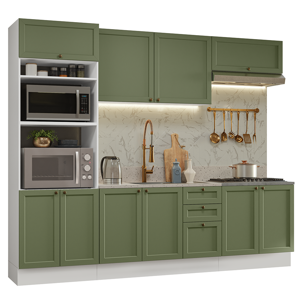 Armário de Cozinha Completa 270 cm Branco/Verde Vik Madesa 01
