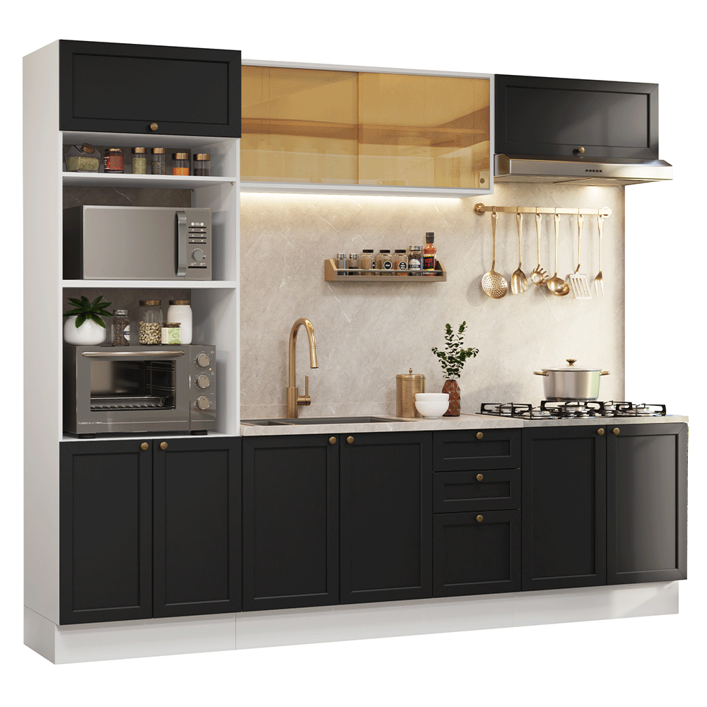 Armário de Cozinha Completa 270 cm Branco/Preto Vik Madesa 02