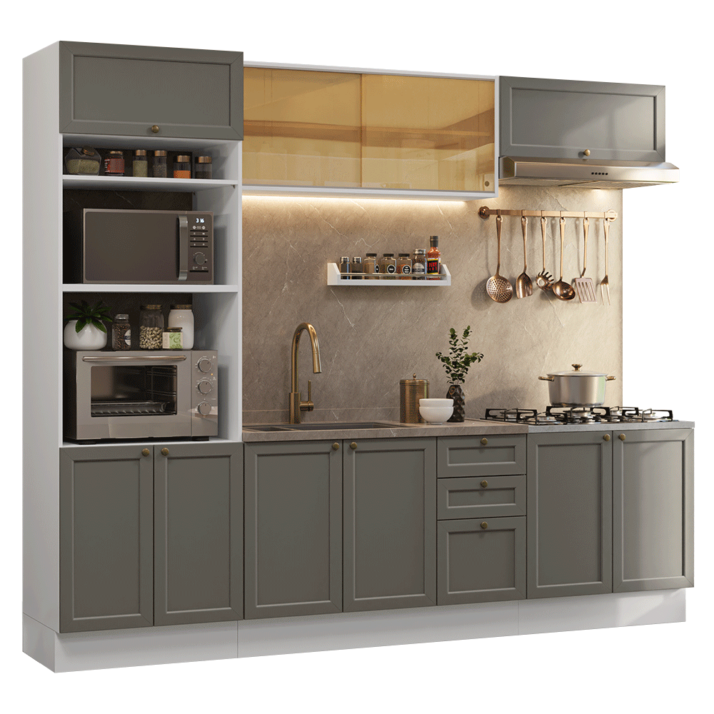 Armário de Cozinha Completa 270 cm Branco/Cinza Vik Madesa 02