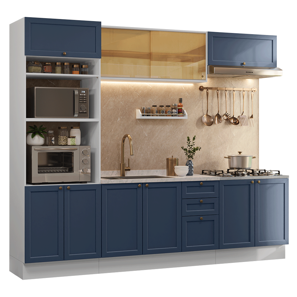 Armário de Cozinha Completa 270 cm Branco/Azul Vik Madesa 02