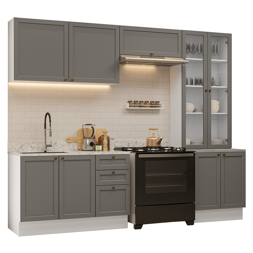 Armário de Cozinha Completa 270 cm Branco/Cinza Vik Madesa 06