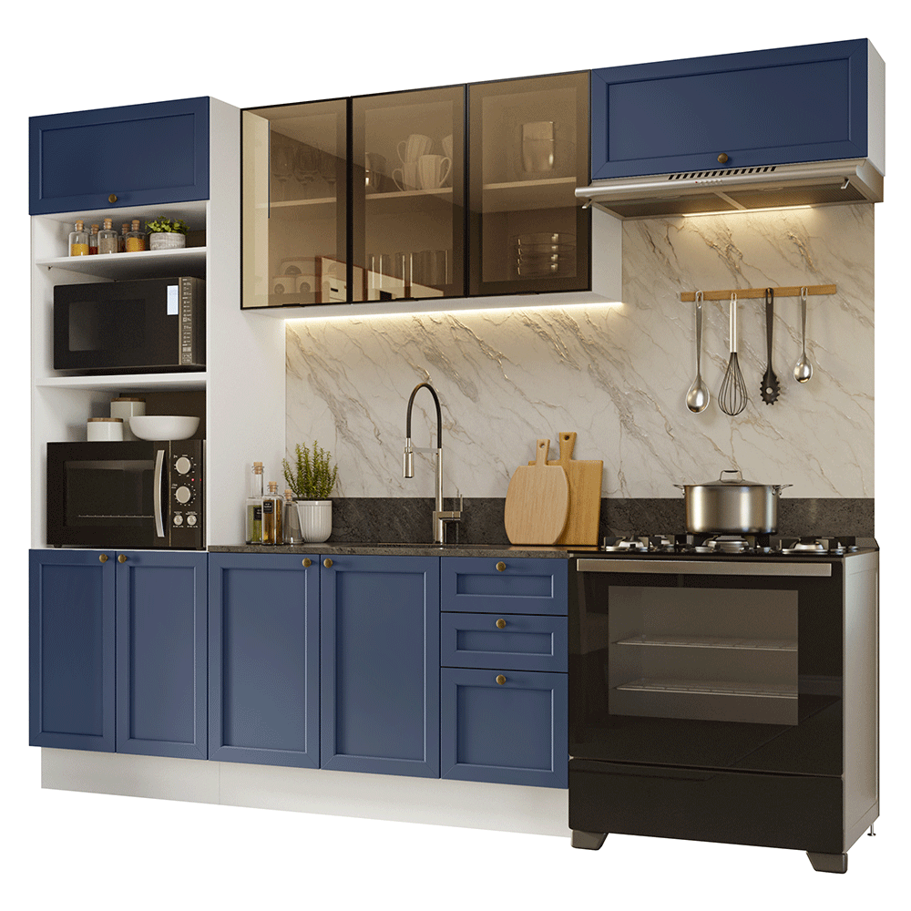 Armário de Cozinha Completa 270 cm Branco/Azul Vik Madesa 07