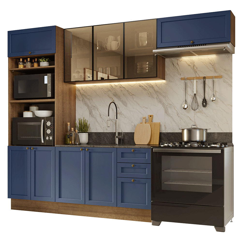Armário de Cozinha Completa 270 cm Rustic/Azul Vik Madesa 07