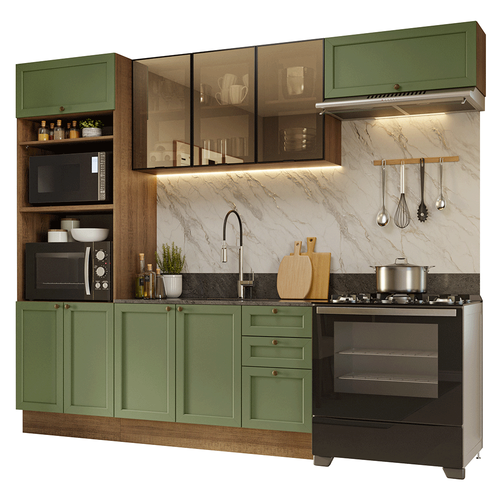 Armário de Cozinha Completa 270 cm Rustic/Verde Vik Madesa 07