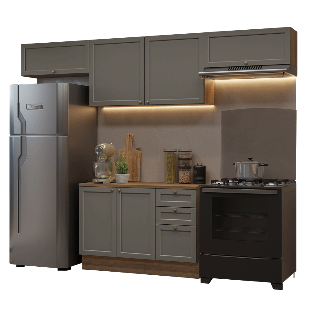 Armário de Cozinha Completa 280 cm Rustic/Cinza Vik Madesa 01