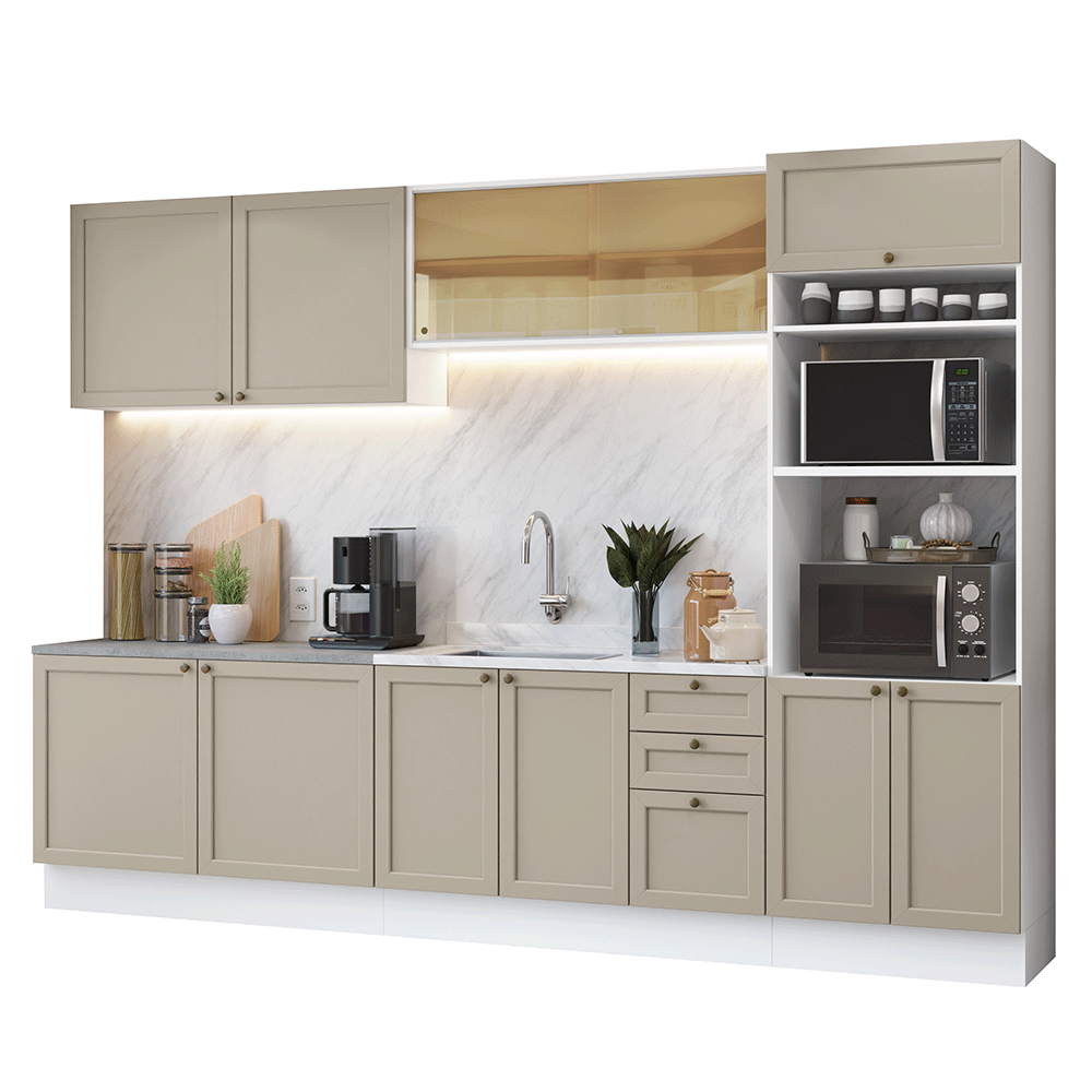 Armário de Cozinha Completa 310 cm Branco/Crema Vik Madesa 01