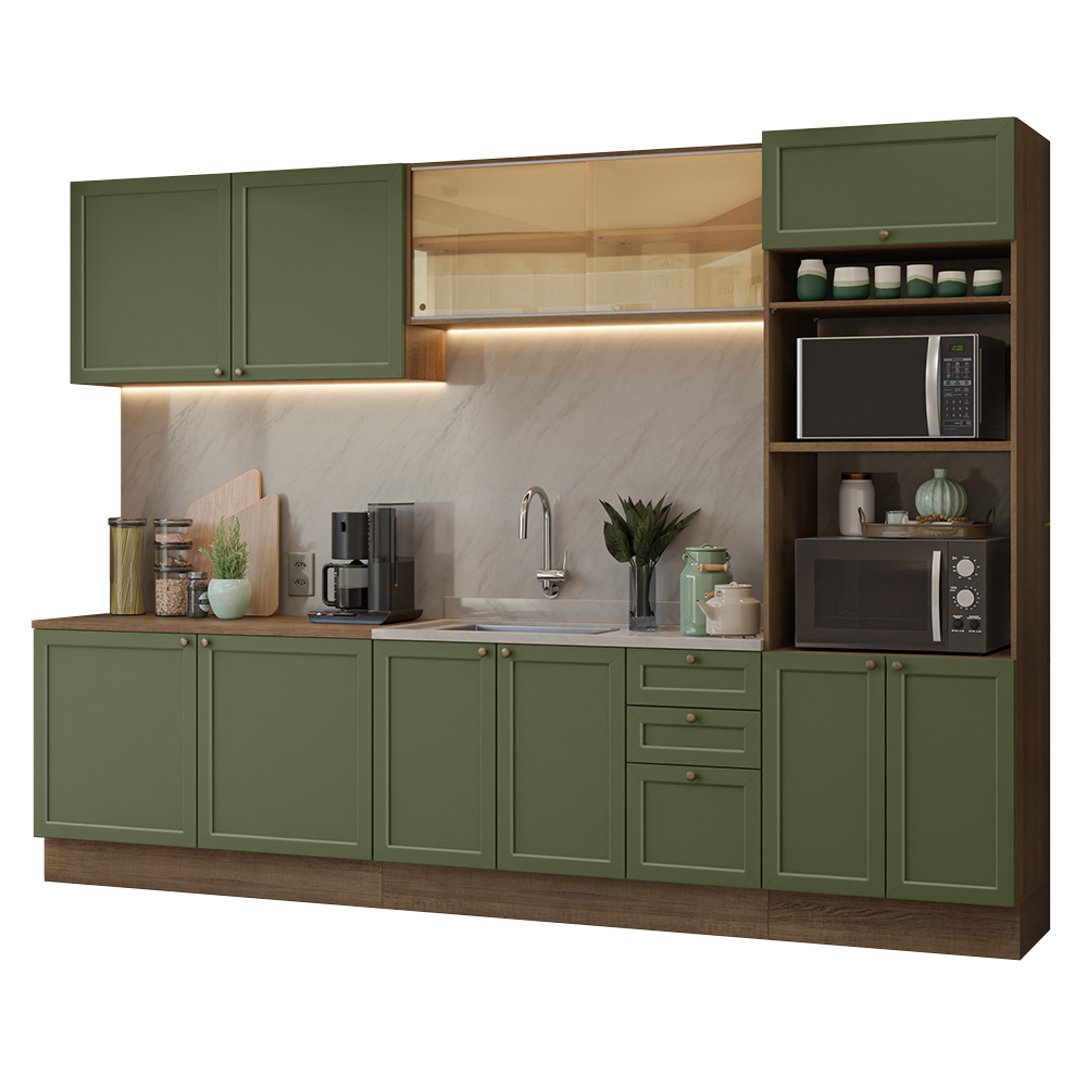 Armário de Cozinha Completa 310 cm Rustic/Verde Vik Madesa 01