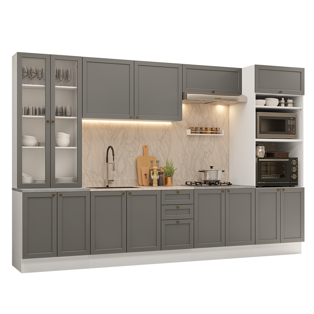 Armário de Cozinha Completa 340 cm Branco/Cinza Vik Madesa 01